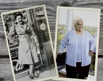 Two photographs of the same beloved woman, taken a lifetime apart